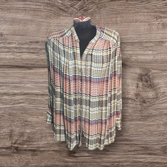Free People Plaid Oversized Pleated Button Up Long Sleeve Top Come On Over XS - Picture 2 of 11